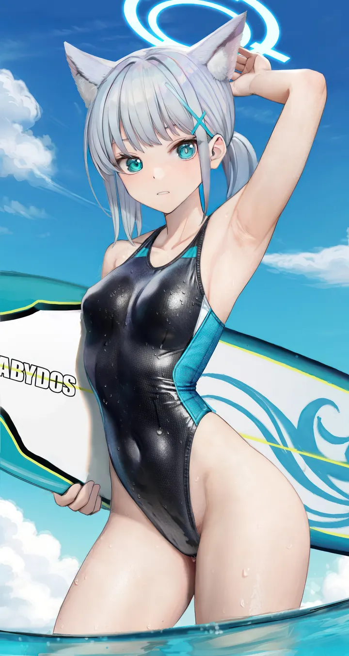 1girl,one-piece_swimsuit,cowboy_shot,mismatched_pupils,medium_breasts,medium_hair,arm_up,breasts,cloud,low_ponytail,animal_ears,surfboard,bangs,cross_hair_ornament,solo,arm_behind_head,multicolored_swimsuit,multicolored_clothes,thighs,halo,sky,hair_ornament,sidelocks,official_alternate_costume,parted_lips,outdoors,holding,water,swimsuit,ocean,wading,grey_hair,day,looking_at_viewer,vertical,standing,animal_ear_fluff,armpits,blue_sky,blue_eyes,wet_swimsuit,wet_clothes,wet,extra_ears,competition_swimsuit,collarbone,covered_navel,ponytail,highleg_swimsuit,highleg,black_one-piece_swimsuit