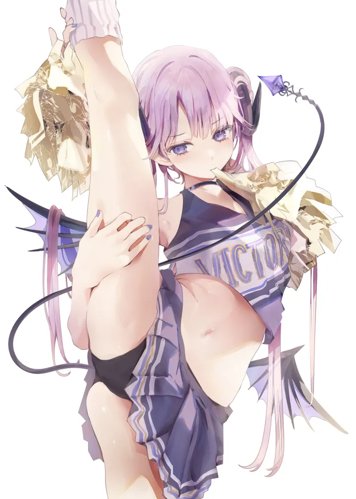 1girl,crop_top_overhang,breasts,underwear,panties,bangs,split,solo,standing_on_one_leg,leg_up,clothes_writing,twintails,cheerleader,pom_pom_cheerleading,thighs,pointy_ears,stomach,tail,demon_girl,demon_tail,demon_wings,demon_horns,leg_hold,holding_pom_poms,holding,nail_polish,sleeveless,sleeveless_shirt,simple_background,mouth_hold,white_background,white_socks,pleated_skirt,looking_at_viewer,skirt,vertical,standing,standing_split,purple_hair,purple_eyes,purple_skirt,wings,navel,shirt,socks,horns,miniskirt,long_hair,midriff,bare_shoulders,crop_top,choker,flexible,black_panties,black_choker