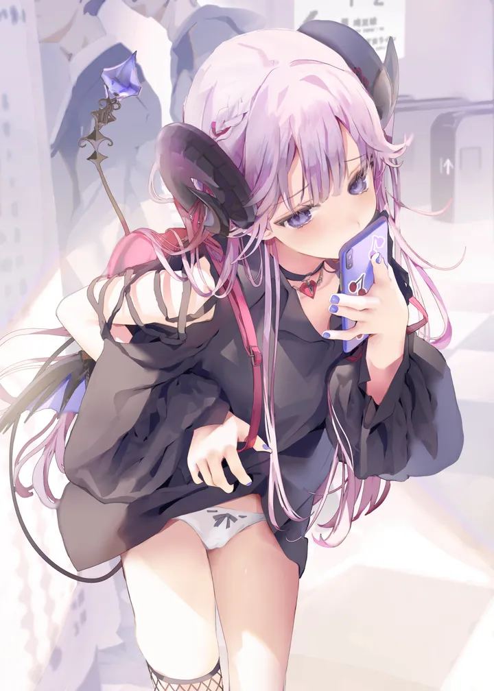 1girl,braid,underwear,panties,bangs,bag,solo_focus,single_thighhigh,backpack,tail,bow_panties,curled_horns,very_long_hair,demon_girl,demon_tail,demon_wings,demon_horns,phone,holding_phone,holding,nail_polish,lifted_by_self,dress_lift,clothes_lift,smartphone,fishnets,white_panties,cellphone,vertical,purple_hair,purple_nails,purple_eyes,wings,blush,blue_nails,bow,shirt,horns,thighhighs,dress,long_hair,long_sleeves,shoulder_cutout,choker,fishnet_thighhighs,black_shirt,black_dress