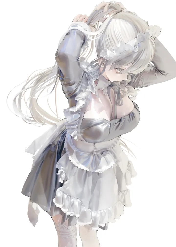 1girl,arms_up,breasts,cleavage,bangs,solo,garter_straps,apron,maid,maid_apron,maid_headdress,hair_tie_in_mouth,tying_hair,adjusting_hair,simple_background,grey_hair,grey_eyes,mouth_hold,white_apron,white_hair,white_background,white_thighhighs,vertical,standing,frills,frilled_apron,large_breasts,thighhighs,dress,long_hair,long_sleeves,ponytail,black_dress