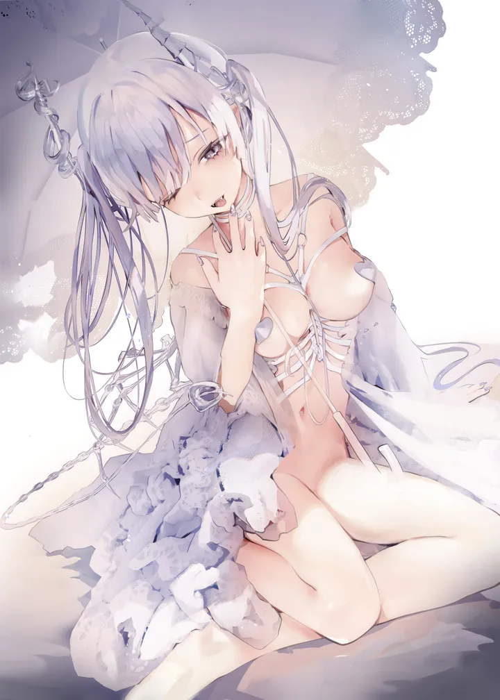 1girl,medium_breasts,breasts,pasties,yokozuwari,bangs,solo,twintails,sitting,stomach,open_mouth,grey_eyes,white_theme,white_hair,looking_at_viewer,vertical,navel,barefoot,horns,collarbone,long_hair,one_eye_closed,bare_shoulders