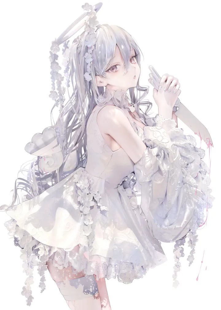 1girl,cowboy_shot,detached_sleeves,breasts,from_side,bangs,solo,own_hands_together,thigh_strap,halo,hair_between_eyes,very_long_hair,parted_lips,nail_polish,sleeveless,sleeveless_dress,simple_background,grey_hair,grey_eyes,white_theme,white_hair,white_background,white_dress,looking_to_the_side,looking_at_viewer,vertical,frills,frilled_dress,dress,long_hair,long_sleeves,bare_shoulders,flower