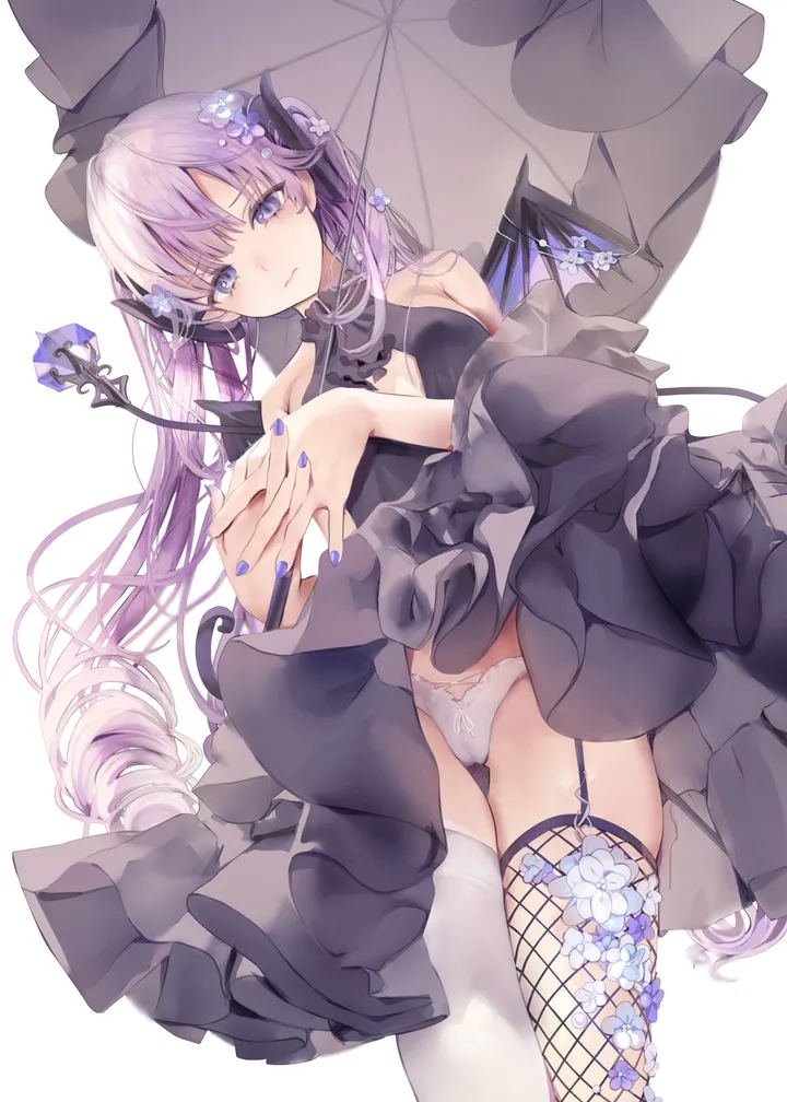 1girl,asymmetrical_legwear,breasts,from_below,underwear,panties,bangs,solo,twintails,garter_straps,closed_mouth,hair_flower,hair_ornament,tail,very_long_hair,demon_girl,demon_tail,demon_wings,demon_horns,holding,nail_polish,holding_umbrella,simple_background,fishnets,white_panties,white_background,white_thighhighs,looking_at_viewer,vertical,purple_hair,purple_nails,purple_eyes,wings,cameltoe,clothing_cutout,horns,small_breasts,thighhighs,dress,long_hair,umbrella,bare_shoulders,fishnet_thighhighs,flower,black_dress