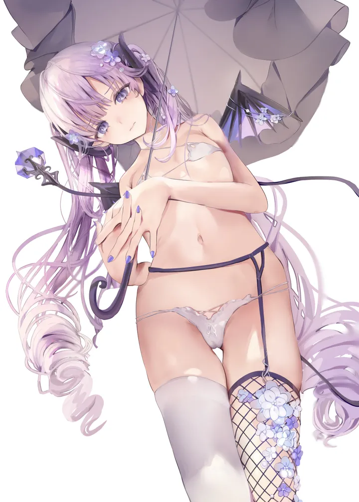 1girl,cowboy_shot,mismatched_legwear,asymmetrical_legwear,breasts,from_below,underwear,panties,bangs,solo,twintails,garter_belt,closed_mouth,thighs,thigh_gap,hair_flower,hair_ornament,pointy_ears,stomach,tail,very_long_hair,demon_girl,demon_tail,demon_wings,demon_horns,holding,nail_polish,holding_umbrella,simple_background,bikini,swimsuit,fishnets,white_panties,white_bikini,white_background,white_bra,white_thighhighs,looking_at_viewer,vertical,standing,string_bikini,purple_hair,purple_nails,purple_eyes,halterneck,wings,navel,skindentation,cameltoe,bare_arms,horns,small_breasts,thighhighs,long_hair,umbrella,bare_shoulders,fishnet_thighhighs,flower