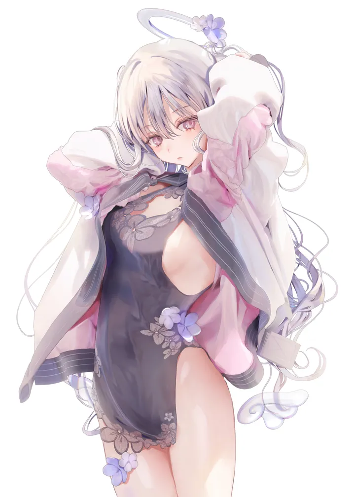 1girl,cowboy_shot,medium_breasts,arms_up,breasts,sideboob,bangs,solo,thighs,halo,jacket,hair_between_eyes,very_long_hair,parted_lips,simple_background,grey_hair,white_jacket,white_background,looking_at_viewer,vertical,standing,pink_jacket,pink_eyes,leotard,wings,open_jacket,open_clothes,small_breasts,long_hair,long_sleeves,flower,black_leotard