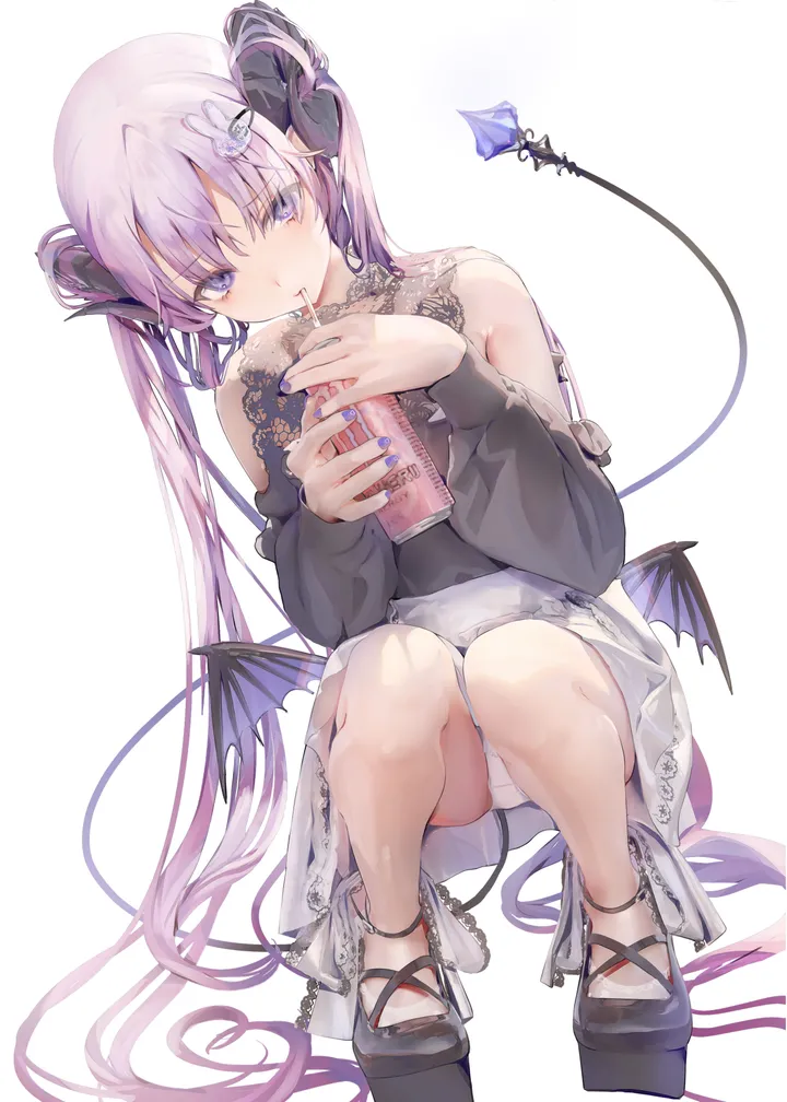 1girl,rabbit_hair_ornament,full_body,underwear,panties,pantyshot,bangs,solo,twintails,drinking_straw,drinking,drinking_straw_in_mouth,hair_ornament,hair_on_horn,pointy_ears,tail,platform_footwear,very_long_hair,demon_girl,demon_tail,demon_wings,demon_horns,holding_cup,holding,nail_polish,simple_background,cup,white_panties,white_skirt,white_background,looking_at_viewer,skirt,vertical,purple_hair,purple_nails,purple_eyes,wings,low_wings,shirt,horns,squatting,long_hair,long_sleeves,bare_shoulders,high_heels,black_shirt,black_footwear