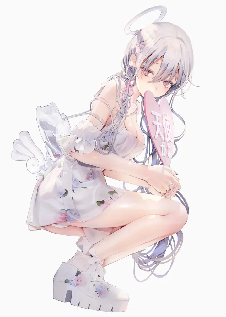 1girl,medium_breasts,breasts,cleavage,underwear,panties,bangs,bag,solo,halo,hair_ornament,platform_footwear,hair_between_eyes,very_long_hair,hand_fan,holding_fan,holding,nail_polish,simple_background,grey_hair,jewelry,white_panties,white_background,white_dress,white_footwear,looking_at_viewer,vertical,pink_eyes,purple_nails,paper_fan,earrings,floral_print,dress,long_hair,bare_shoulders,shoes