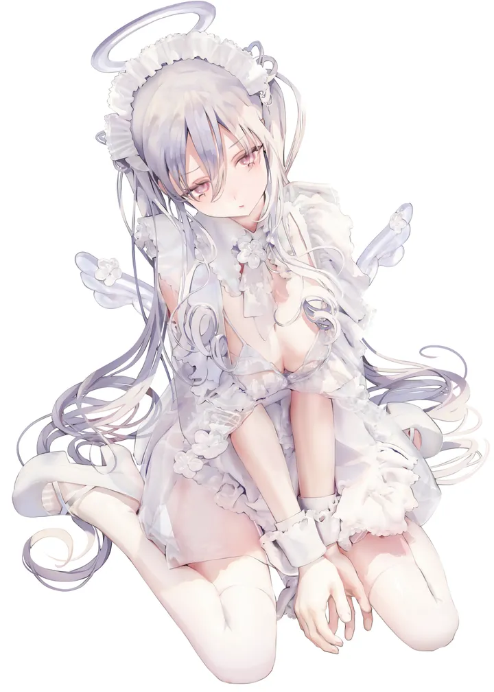 1girl,breasts,cleavage,bangs,see-through,solo,twintails,sitting,halo,sidelocks,maid_headdress,hair_between_eyes,very_long_hair,parted_lips,simple_background,grey_hair,white_theme,white_hair,white_rose,white_background,white_thighhighs,white_dress,white_footwear,looking_at_viewer,vertical,pink_eyes,wrist_cuffs,wings,frills,large_breasts,thighhighs,dress,long_hair,high_heels,wariza