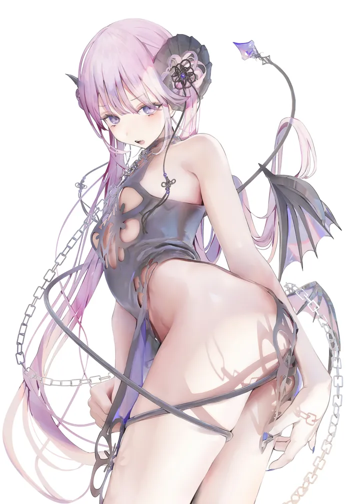 1girl,cowboy_shot,no_panties,breasts,bangs,solo,twintails,thighs,hair_ornament,tail,ass,open_mouth,very_long_hair,demon_girl,demon_tail,demon_wings,demon_horns,nail_polish,sleeveless,simple_background,white_background,looking_at_viewer,vertical,pink_hair,purple_hair,purple_nails,purple_eyes,tattoo,wings,low_wings,bare_arms,horns,small_breasts,dress,chain,long_hair,bare_shoulders