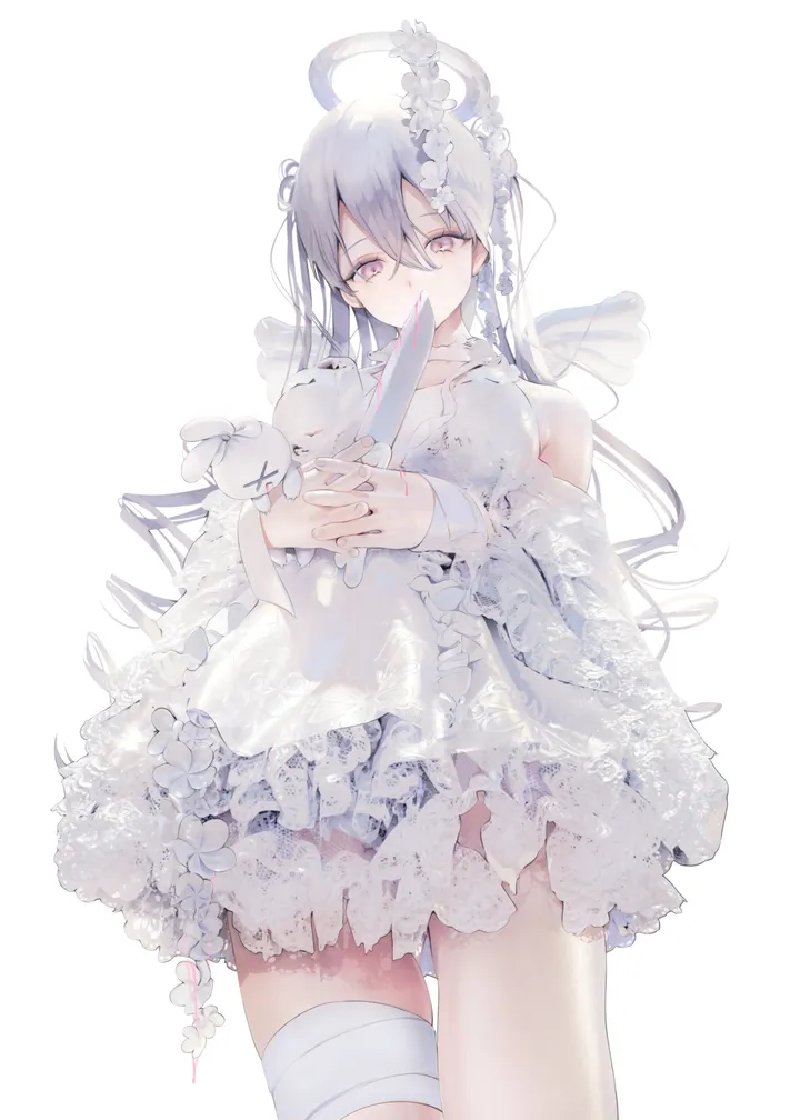 1girl,cowboy_shot,detached_sleeves,breasts,bangs,solo,halo,angel_wings,hair_ornament,hair_between_eyes,holding,simple_background,stuffed_animal,stuffed_toy,grey_hair,white_theme,white_background,white_flower,white_dress,white_choker,looking_at_viewer,vertical,pink_eyes,bandaged_leg,bandages,wings,frills,dress,long_hair,bare_shoulders,choker,flower