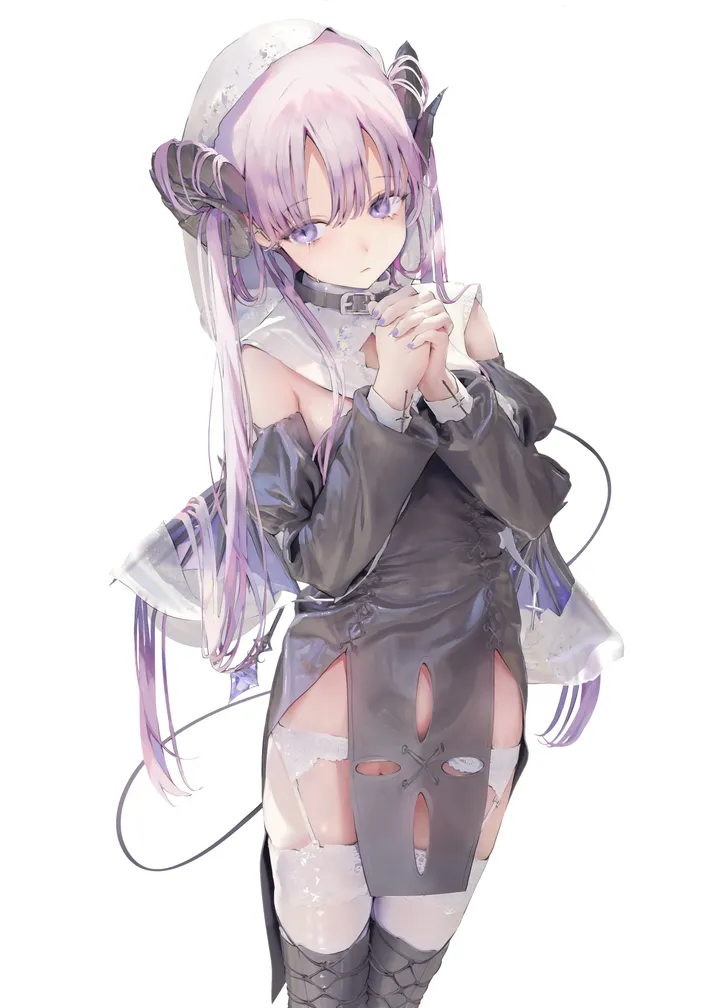 1girl,cowboy_shot,detached_sleeves,breasts,nun,bangs,cross,interlocked_fingers,solo,own_hands_clasped,own_hands_together,twintails,garter_straps,garter_belt,tail,very_long_hair,parted_lips,demon_girl,demon_tail,demon_horns,nail_polish,pelvic_curtain,simple_background,white_background,white_thighhighs,looking_at_viewer,vertical,standing,purple_hair,purple_nails,purple_eyes,wings,horns,thighhighs,dress,long_hair,long_sleeves,bare_shoulders,collar,black_dress