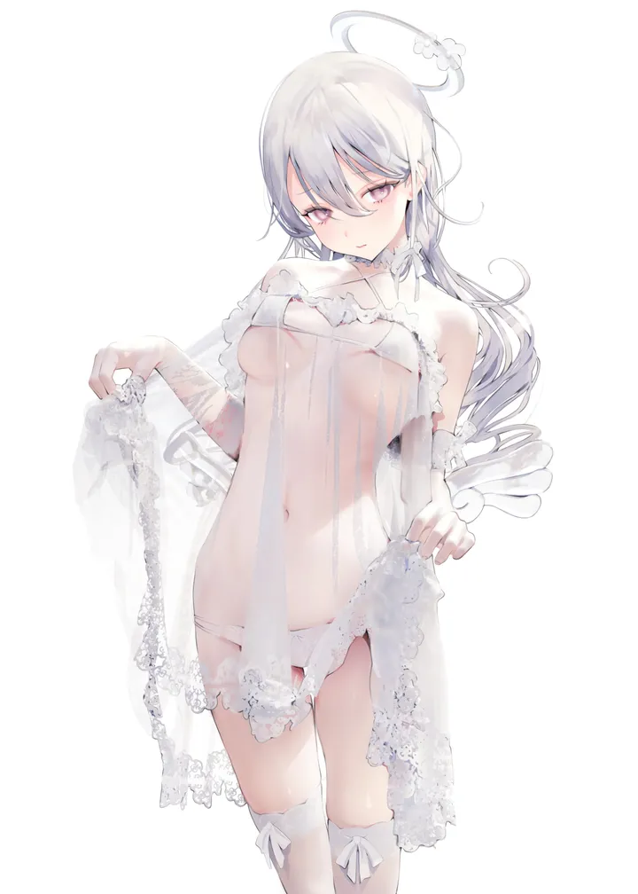 1girl,cowboy_shot,underboob,medium_breasts,breasts,underwear,panties,bangs,see-through,solo,halo,lingerie,stomach,hair_between_eyes,parted_lips,lifted_by_self,simple_background,white_theme,white_panties,white_hair,white_background,white_bra,white_thighhighs,white_choker,looking_at_viewer,vertical,standing,pink_eyes,navel,bra,frills,thighhighs,long_hair,bare_shoulders,choker