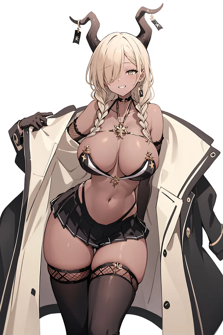 1girl,braid,twin_braids,breasts,cleavage,solo,coat,thighs,thigh_gap,hair_over_one_eye,gloves,open_coat,simple_background,bikini,swimsuit,dark_skin,jewelry,white_background,pleated_skirt,looking_at_viewer,skirt,piercing,vertical,smile,earrings,navel,skindentation,horns,open_clothes,microskirt,large_breasts,thighhighs,miniskirt,blonde_hair,collarbone,long_hair,elbow_gloves,bare_shoulders,grin,choker,necklace,highleg,yellow_eyes,dark-skinned_female,black_coat,black_gloves,black_bikini,black_skirt,black_thighhighs