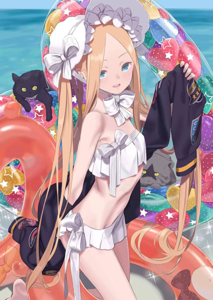 1girl,breasts,parted_bangs,bangs,twintails,bonnet,thighs,sidelocks,jacket,open_mouth,very_long_hair,bikini,innertube,swimsuit,cat,white_headwear,white_bikini,white_bow,looking_at_viewer,skirt,vertical,smile,navel,jacket_removed,blush,blue_eyes,bow,hair_bow,small_breasts,miniskirt,blonde_hair,long_hair,bare_shoulders,forehead,black_jacket,black_cat