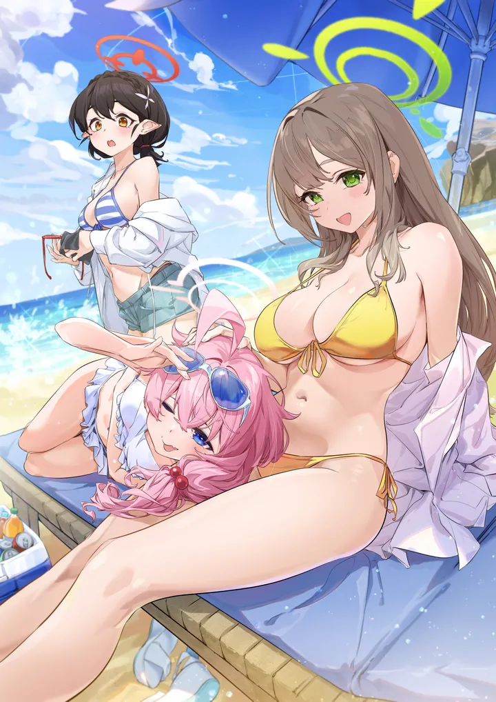 3girls,side-tie_bikini_bottom,breasts,cleavage,cloud,front-tie_top,low_twintails,on_side,sandals,bangs,twintails,tongue_out,ahoge,sitting,sunglasses,multiple_girls,thighs,halo,sky,hair_ornament,hair_bobbles,jacket,pointy_ears,official_alternate_costume,stomach,hair_between_eyes,heterochromia,open_mouth,outdoors,holding,tinted_eyewear,striped,striped_bikini,brown_hair,bikini,sand,beach_umbrella,swimsuit,light_brown_hair,ocean,beach,day,white_jacket,white_bikini,white_shirt,looking_at_viewer,eyewear_on_head,short_hair,shorts,vertical,smile,pink_hair,string_bikini,short_shorts,front-tie_bikini_top,green_eyes,navel,blush,tongue,frills,frilled_bikini,blue_sky,blue_eyes,shirt,open_jacket,open_clothes,open_shirt,lying,large_breasts,long_hair,long_sleeves,one_eye_closed,umbrella,bare_shoulders,off_shoulder,yellow_bikini,yellow_eyes,black_hair