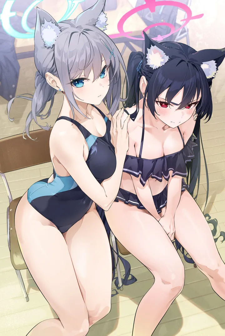 2girls,one-piece_swimsuit,mismatched_pupils,between_legs,medium_breasts,breasts,cleavage,animal_ears,bangs,cross_hair_ornament,twintails,closed_mouth,sitting,multiple_girls,thighs,halo,hair_ornament,official_alternate_costume,very_long_hair,hand_between_legs,chair,bikini,swimsuit,grey_hair,cat_ears,frown,v-shaped_eyebrows,looking_at_viewer,vertical,red_eyes,earrings,animal_ear_fluff,blush,frills,frilled_bikini,blue_eyes,bare_legs,extra_ears,competition_swimsuit,large_breasts,collarbone,long_hair,covered_navel,bare_shoulders,off_shoulder,off-shoulder_bikini,ponytail,black_hair,black_bikini,black_one-piece_swimsuit