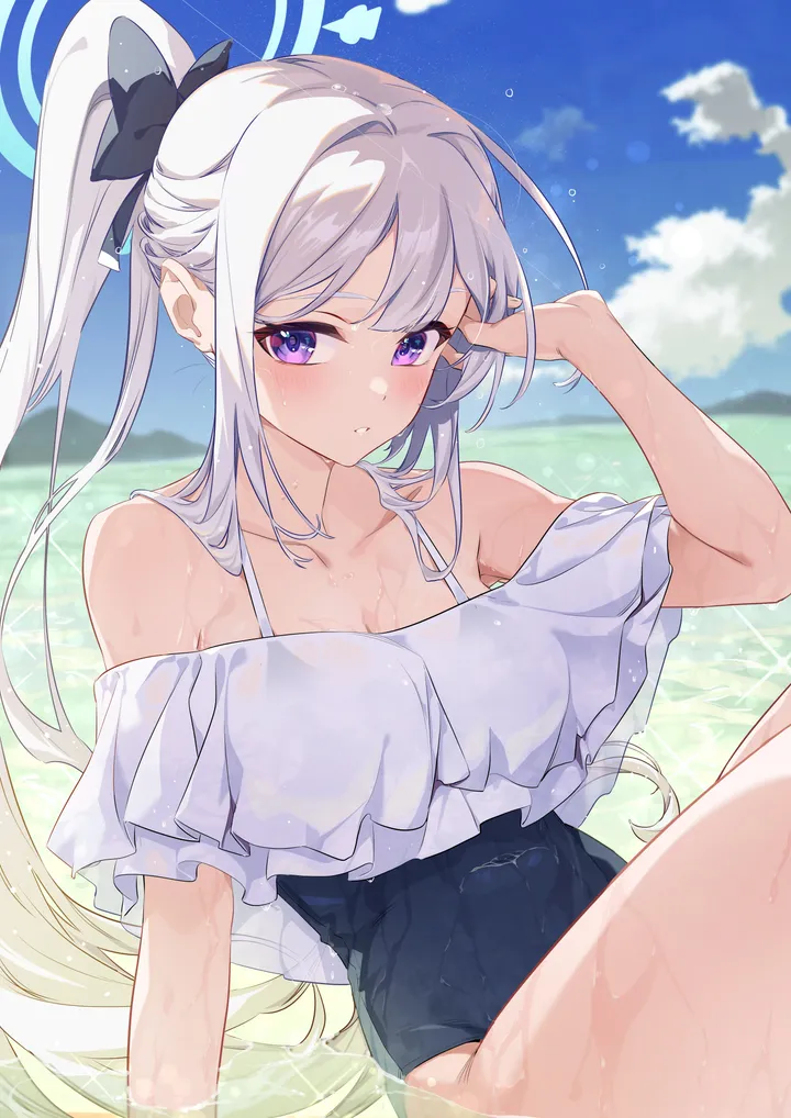 1girl,one-piece_swimsuit,breasts,cleavage,cloud,bangs,solo,closed_mouth,sitting,thighs,halo,sky,pointy_ears,very_long_hair,outdoors,water,swimsuit,day,white_hair,looking_at_viewer,vertical,purple_eyes,blush,frills,blue_sky,wet_clothes,wet,partially_submerged,collarbone,long_hair,bare_shoulders,off_shoulder,ponytail