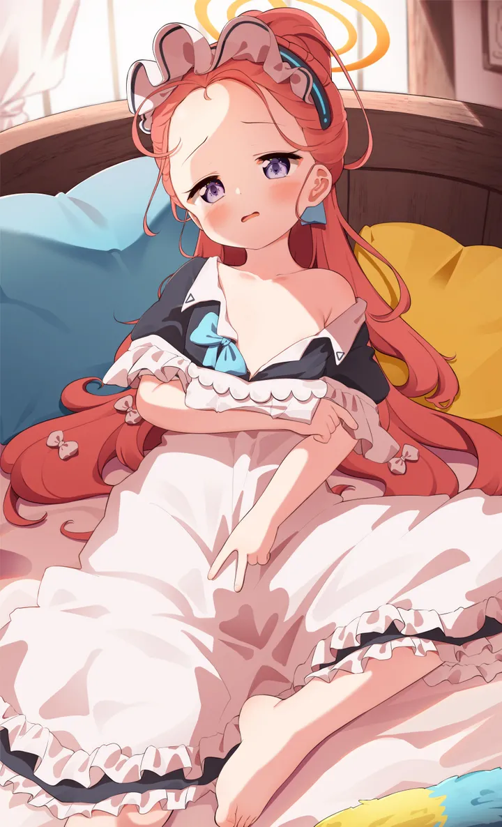 1girl,solo,apron,on_bed,halo,maid,maid_apron,maid_headdress,enmaided,indoors,bed,open_mouth,very_long_hair,pillow,looking_at_viewer,short_sleeves,alternate_costume,window,vertical,purple_eyes,red_hair,blush,bow,barefoot,collarbone,long_hair,off_shoulder,forehead