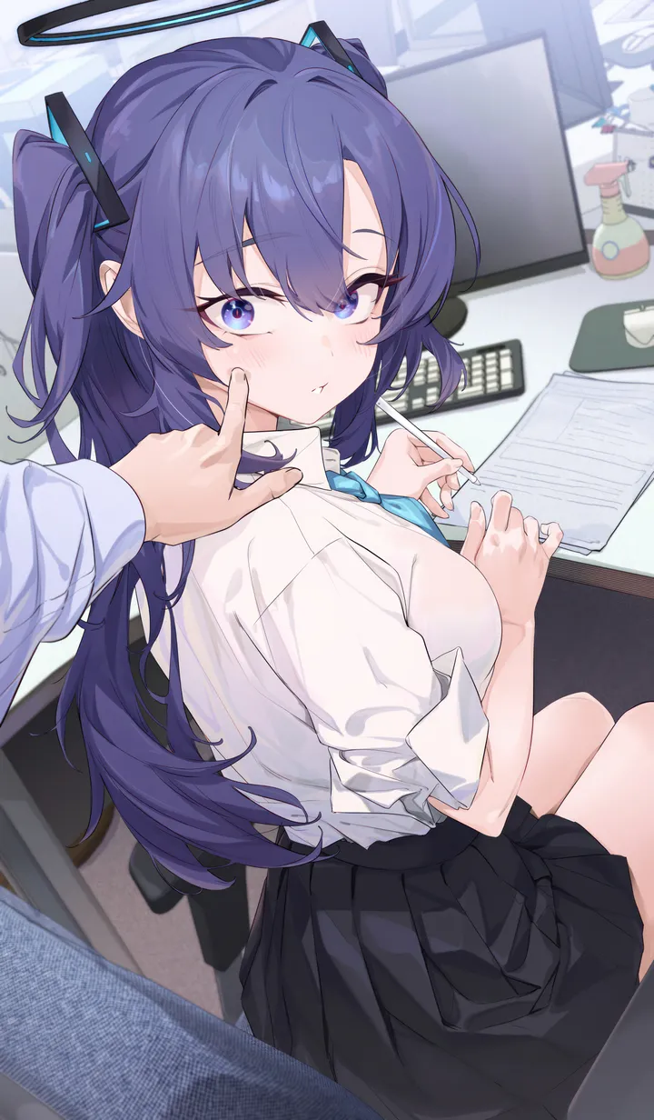 1girl,1boy,medium_breasts,desk,breasts,bangs,solo_focus,looking_back,sitting,halo,indoors,two_side_up,hair_between_eyes,poking,cheek_poking,holding,holding_pen,collared_shirt,school_uniform,chair,keyboard_computer,white_shirt,pleated_skirt,looking_at_viewer,skirt,vertical,pen,pov,purple_hair,purple_eyes,paper,blush,blue_eyes,blue_necktie,shirt,long_hair,necktie,black_skirt