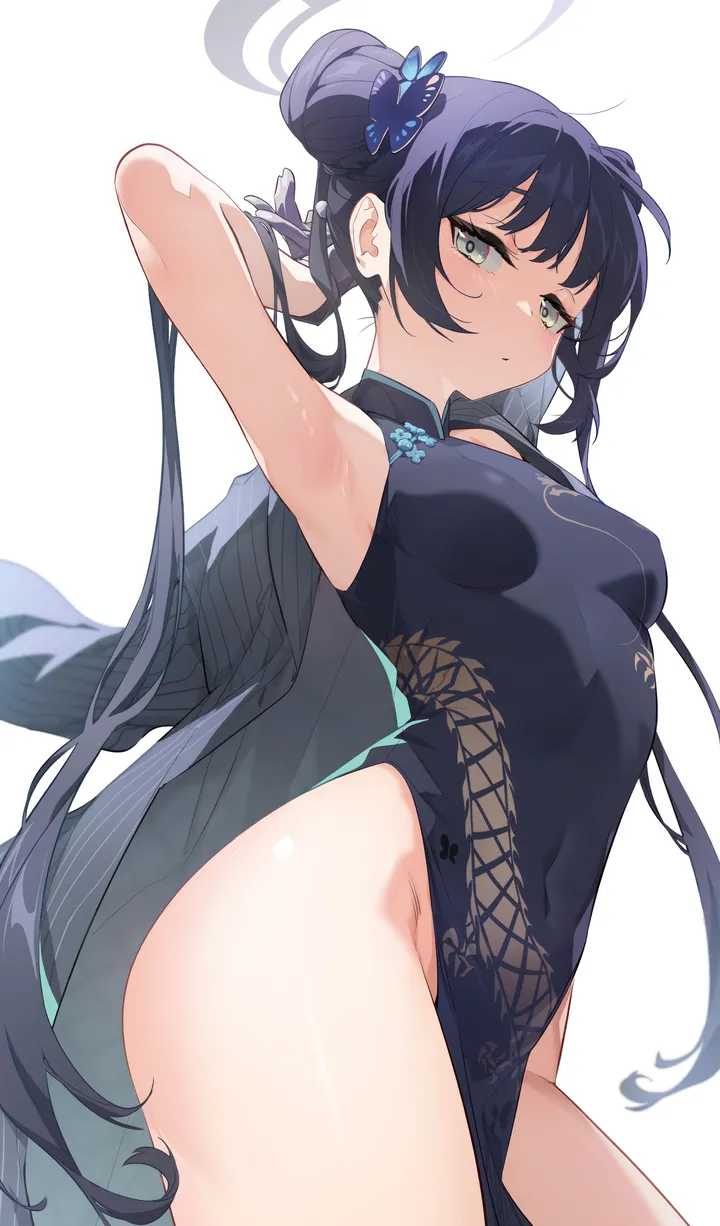 1girl,double_bun,cowboy_shot,no_panties,chinese_clothes,medium_breasts,arms_up,breasts,side_slit,bangs,solo,twintails,closed_mouth,hair_bun,thighs,halo,hair_ornament,jacket,very_long_hair,china_dress,pelvic_curtain,sleeveless,sleeveless_dress,simple_background,grey_eyes,white_background,looking_at_viewer,vertical,green_eyes,groin,blush,armpits,bare_hips,small_breasts,dress,long_hair,covered_navel,black_hair,black_dress