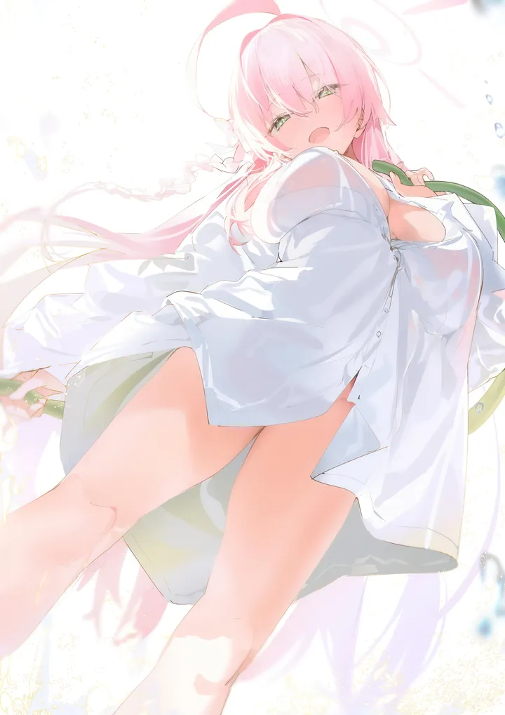 1girl,braid,breasts,from_below,bangs,solo,ahoge,thighs,halo,hair_between_eyes,open_mouth,very_long_hair,simple_background,white_background,white_shirt,looking_at_viewer,vertical,smile,pink_hair,green_eyes,blush,shirt,naked_shirt,dress_shirt,large_breasts,long_hair,long_sleeves