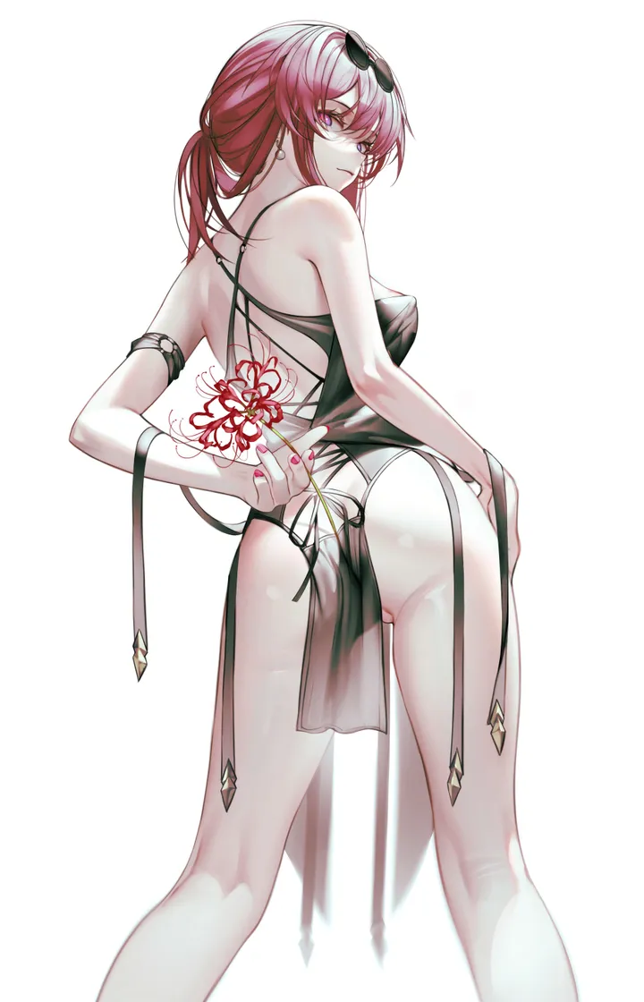 1girl,breasts,underwear,bangs,solo,feet_out_of_frame,back,closed_mouth,looking_back,sunglasses,thighs,ass,spider_lily,holding,holding_flower,nail_polish,pelvic_curtain,simple_background,jewelry,white_background,looking_at_viewer,eyewear_on_head,vertical,standing,pink_nails,purple_eyes,red_hair,red_nails,red_flower,earrings,from_behind,kneepits,bare_legs,dress,long_hair,bare_shoulders,flower,black_dress