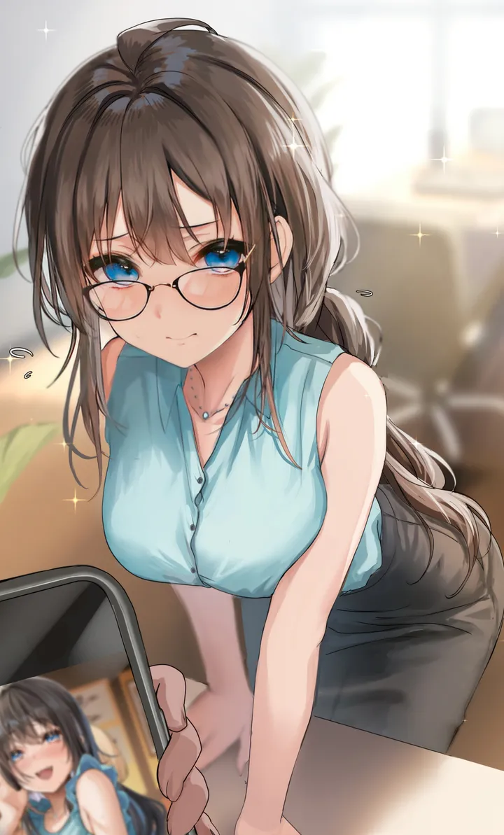 1girl,breasts,bangs,solo_focus,closed_mouth,office_lady,indoors,open_mouth,phone,holding_phone,holding,sleeveless,sleeveless_shirt,smartphone,brown_hair,blurry,blurry_background,jewelry,looking_at_viewer,glasses,skirt,cellphone,vertical,smile,pov,blush,sparkle,blue_eyes,blue_shirt,shirt,bare_arms,large_breasts,pencil_skirt,long_hair,bare_shoulders,necklace,black_skirt