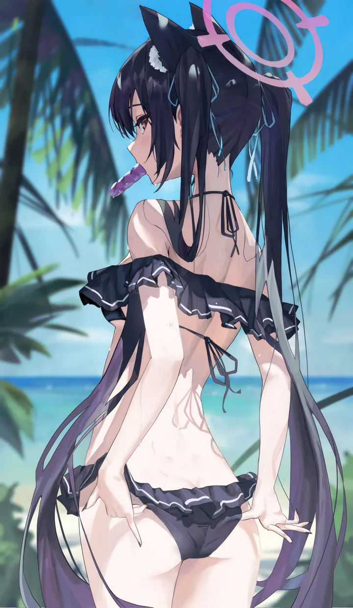 1girl,cowboy_shot,ribbon,breasts,animal_ears,popsicle,bangs,solo,twintails,back,looking_back,thighs,halo,sky,hair_ribbon,official_alternate_costume,ass,very_long_hair,outdoors,blurry,blurry_background,bikini,swimsuit,ocean,beach,cat_ears,mouth_hold,day,looking_at_viewer,vertical,standing,red_eyes,animal_ear_fluff,from_behind,blush,frills,frilled_bikini,blue_sky,wet,adjusting_swimsuit,adjusting_clothes,long_hair,bare_shoulders,off_shoulder,off-shoulder_bikini,food,black_hair,black_bikini