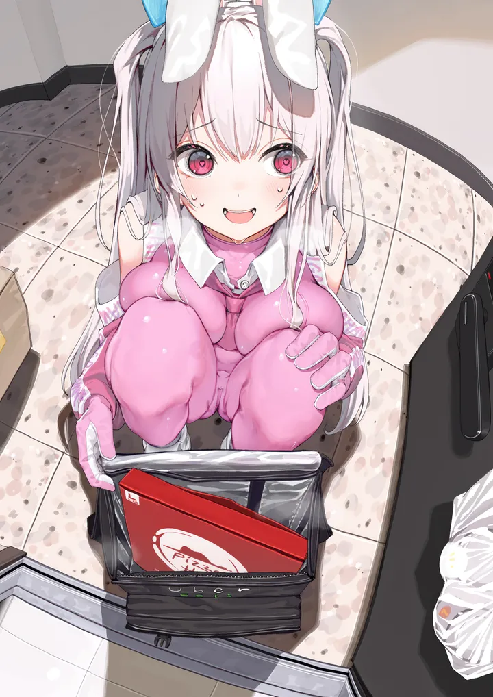 1girl,ribbon,breasts,rabbit_ears,animal_ears,bangs,fake_animal_ears,solo,twintails,hair_ribbon,sidelocks,two_side_up,hair_between_eyes,open_mouth,gloves,sweat,teeth,white_hair,vertical,smile,box,pink_gloves,pink_bodysuit,red_eyes,cardboard_box,blush,blue_ribbon,in_container,squatting,large_breasts,bodysuit,long_hair,bare_shoulders,necktie