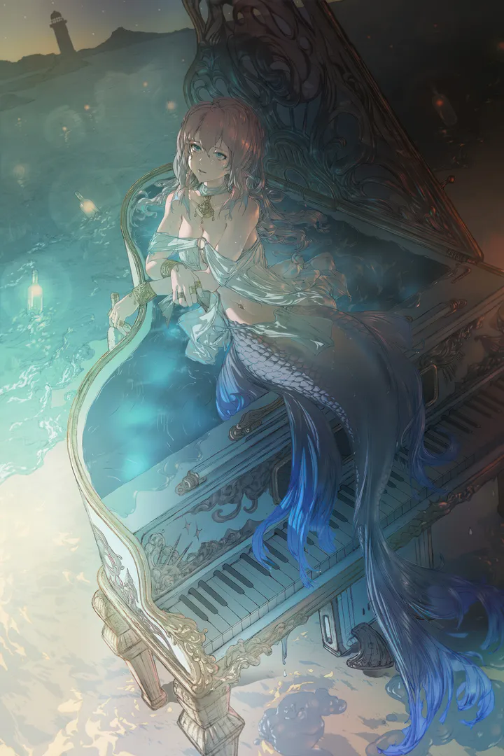 1girl,medium_breasts,instrument,breasts,cleavage,monster_girl,bangs,solo,reflection,sitting,night,sky,bracelet,brown_hair,water,ocean,jewelry,looking_at_viewer,vertical,mermaid,earrings,navel,blue_eyes,long_hair,bare_shoulders,necklace