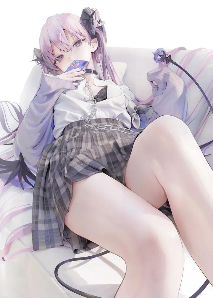 1girl,breasts,on_back,underwear,bangs,solo,twintails,thighs,tail,cardigan,demon_girl,demon_tail,demon_wings,demon_horns,phone,holding_phone,holding,smartphone,collared_shirt,plaid,plaid_skirt,grey_skirt,leash,white_background,white_shirt,pleated_skirt,looking_at_viewer,skirt,cellphone,vertical,pink_hair,purple_hair,purple_eyes,wings,bra,shirt,sleeves_past_wrists,horns,open_clothes,lying,small_breasts,chain,long_hair,long_sleeves,collar,black_bra