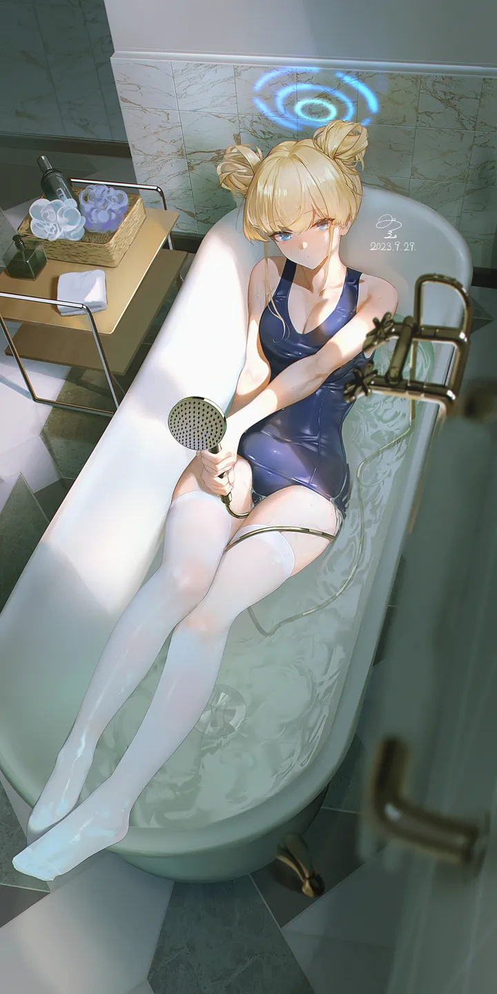 1girl,one-piece_swimsuit,double_bun,medium_breasts,breasts,cleavage,from_above,bathing,full_body,bangs,solo,closed_mouth,hair_bun,thighs,halo,indoors,holding,shiny_clothes,school_swimsuit,water,faucet,no_shoes,swimsuit,bathroom,bathtub,shower_head,bottle,tiles,tile_wall,white_thighhighs,looking_at_viewer,short_hair,vertical,blush,blue_eyes,blue_one-piece_swimsuit,skindentation,wet,bare_arms,thighhighs,blonde_hair,collarbone,bare_shoulders