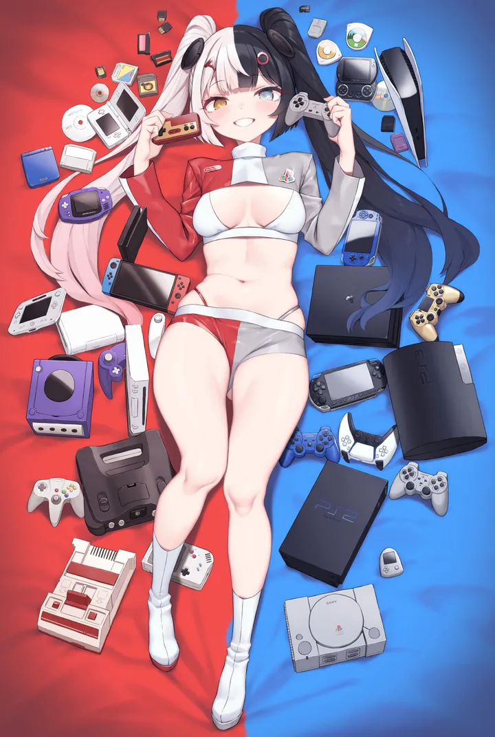 1girl,playstation_controller,medium_breasts,breasts,on_back,nintendo_switch,full_body,underwear,panties,split-color_hair,bangs,solo,two-tone_hair,twintails,breasts_apart,multicolored_hair,thighs,hair_ornament,micro_shorts,stomach,heterochromia,very_long_hair,controller,handheld_game_console,holding,gamepad,game_controller,game_console,grey_shorts,white_hair,white_shorts,white_socks,looking_at_viewer,shorts,vertical,smile,pink_hair,short_shorts,navel,blue_eyes,shirt,socks,lying,shrug_clothing,long_hair,long_sleeves,midriff,crop_top,grin,highleg,black_hair