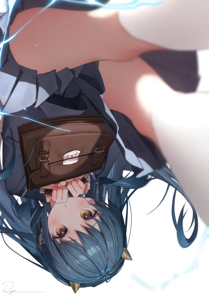 1girl,school_bag,upside-down,bangs,bag,solo,kneehighs,thighs,parted_lips,holding,holding_bag,electricity,simple_background,school_uniform,brown_eyes,blurry,serafuku,sailor_collar,electrokinesis,white_background,white_socks,pleated_skirt,looking_at_viewer,skirt,vertical,blush,blue_hair,shirt,socks,horns,long_hair,long_sleeves,oni,oni_horns,black_skirt