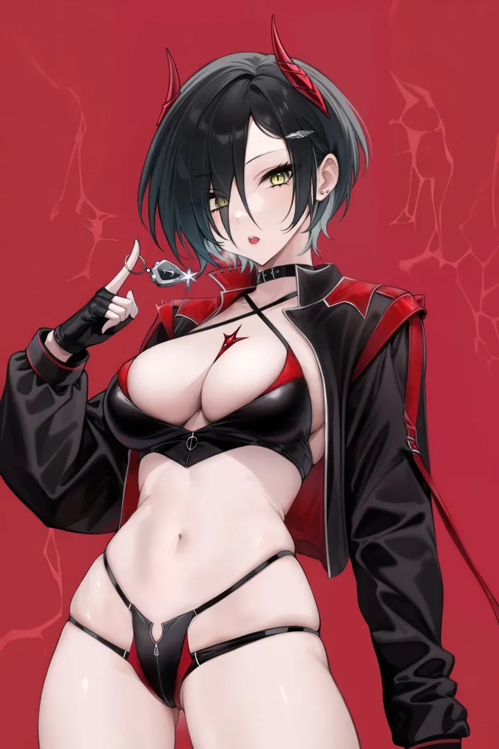 1girl,cowboy_shot,breasts,cleavage,bangs,cross,solo,multicolored_hair,thighs,hair_ornament,hair_over_one_eye,jacket,stomach,open_mouth,gloves,hand_up,zipper,fingerless_gloves,simple_background,mechanical_horns,ass_visible_through_thighs,bikini,swimsuit,jewelry,white_hair,looking_at_viewer,short_hair,piercing,alternate_costume,ear_piercing,vertical,standing,red_background,red_horns,earrings,navel,skindentation,horns,open_jacket,open_clothes,large_breasts,eyes_visible_through_hair,iron_cross,long_sleeves,choker,yellow_eyes,black_hair,black_jacket,black_gloves,black_bikini,black_choker