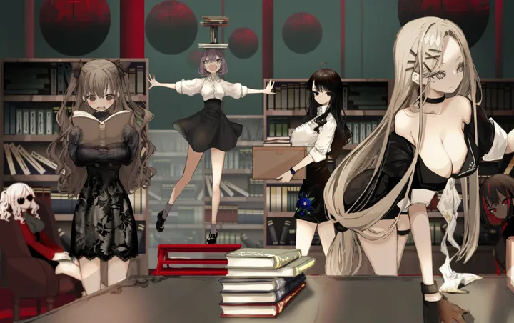 5girls,6-girls,x_hair_ornament,book,book_stack,bookshelf,breasts,cleavage,outstretched_arms,bangs,twintails,hairclip,ahoge,closed_mouth,sitting,sunglasses,multiple_girls,multicolored_hair,halo,hair_ornament,jacket,indoors,very_long_hair,gloves,holding,streaked_hair,holding_book,brown_hair,brown_eyes,chair,horizontal,grey_hair,grey_eyes,white_hair,white_shirt,looking_at_viewer,eyepatch,short_hair,skirt,standing,red_hair,red_eyes,shirt,socks,large_breasts,dress,long_hair,long_sleeves,bare_shoulders,off_shoulder,choker,high-waist_skirt,black_hair,black_gloves,black_skirt,black_footwear,black_choker