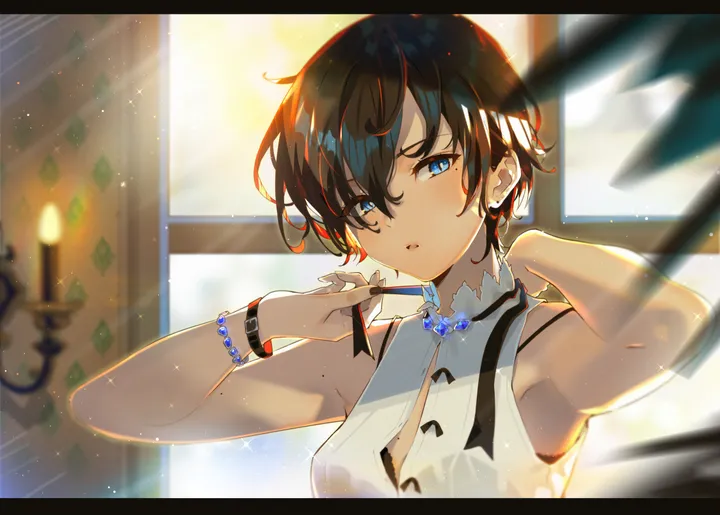 1girl,breasts,upper_body,underwear,bangs,blurry_foreground,solo,indoors,hair_between_eyes,parted_lips,bracelet,sleeveless,sleeveless_shirt,depth_of_field,brown_hair,blurry,horizontal,mole_under_eye,jewelry,letterboxed,mole,white_shirt,looking_at_viewer,short_hair,window,earrings,bra,armpits,blue_eyes,candle,shirt,bare_shoulders,black_hair,black_bra