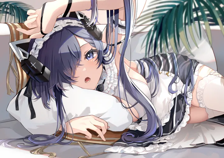 1girl,one_eye_covered,arm_up,breasts,on_side,solo,apron,hair_over_one_eye,maid,maid_headdress,official_alternate_costume,open_mouth,curled_horns,sleeveless,sleeveless_dress,mechanical_horns,pillow,plant,horizontal,white_apron,white_thighhighs,looking_at_viewer,purple_hair,purple_eyes,armpits,frills,blue_hair,horns,lying,large_breasts,thighhighs,dress,long_hair,bare_shoulders,black_dress