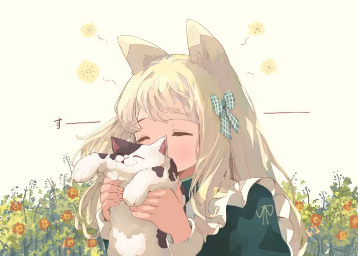 1girl,braid,upper_body,animal_ears,bangs,animal,solo,closed_eyes,apron,holding_animal,holding_cat,holding,plaid,plaid_bow,horizontal,orange_flower,cat,cat_ears,white_apron,white_background,animal_ear_fluff,frills,bow,hair_bow,dress,blonde_hair,long_hair,long_sleeves,flower,yellow_flower