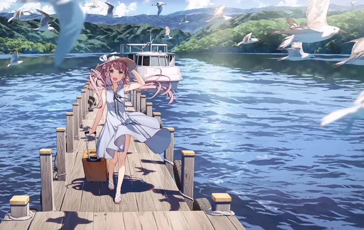 1girl,arm_up,cloud,sandals,bangs,solo,twintails,sky,sundress,mountain,hat,open_mouth,outdoors,hand_on_headwear,holding,suitcase,sleeveless,sleeveless_dress,blurry,horizontal,water,river,ocean,seagull,lake,day,white_dress,white_footwear,looking_at_viewer,pier,standing,smile,pink_hair,pink_eyes,blush,boat,dock,watercraft,straw_hat,dress,long_hair,shadow,wind,scenery,bird