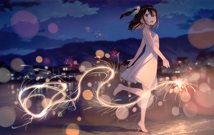 1girl,cloud,from_side,bangs,solo,standing_on_one_leg,one_side_up,city_lights,night,night_sky,sky,hair_scrunchie,hair_ornament,mountainous_horizon,open_mouth,outdoors,sparkler,scrunchie,holding,sleeveless,sleeveless_dress,brown_hair,brown_eyes,blurry,horizontal,water,ocean,beach,fireworks,white_dress,looking_to_the_side,looking_at_viewer,standing,smile,purple_eyes,blush,bare_arms,barefoot,dress,long_hair,bare_shoulders,flower,black_hair