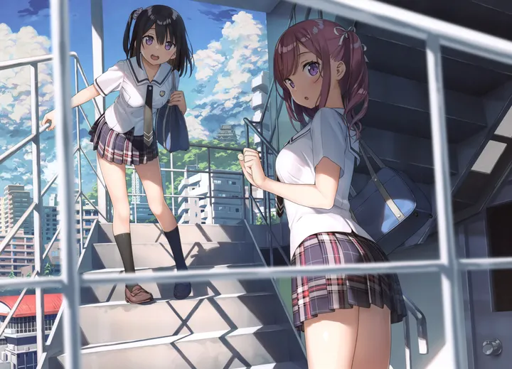 2girls,ribbon,medium_breasts,medium_hair,loafers,school_bag,breasts,cloud,bangs,bag,shoulder_bag,kneehighs,twintails,one_side_up,stairs,looking_back,multiple_girls,cloudy_sky,sky,hair_ribbon,building,open_mouth,outdoors,scrunchie,railing,school_uniform,plaid,plaid_skirt,brown_hair,brown_footwear,horizontal,day,white_shirt,pleated_skirt,looking_at_viewer,short_sleeves,skirt,standing,smile,purple_eyes,blush,blue_sky,shirt,socks,leaning_forward,miniskirt,long_hair,shoes,necktie,black_hair