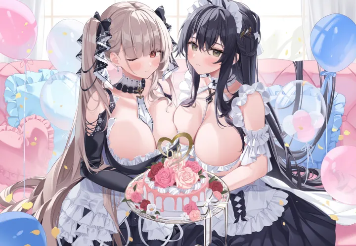 2girls,ribbon,breasts,cleavage,bangs,two-tone_ribbon,two-tone_dress,twintails,closed_mouth,multiple_girls,hair_ribbon,hair_ornament,between_breasts,maid,maid_headdress,official_alternate_costume,huge_breasts,hair_between_eyes,very_long_hair,heart,heart_balloon,holding,breast_press,pillow,horizontal,balloon,grey_hair,rose,looking_at_viewer,smile,pink_rose,pink_flower,red_eyes,green_eyes,symmetrical_docking,asymmetrical_docking,blush,frills,frilled_dress,frilled_choker,cake,clothing_cutout,large_breasts,dress,long_hair,one_eye_closed,bare_shoulders,choker,necktie,necktie_between_breasts,detached_collar,food,flower,black_hair,black_dress