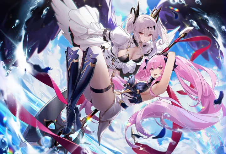 2girls,detached_sleeves,breasts,cleavage,bangs,twintails,multiple_girls,thighs,thigh_strap,hair_ornament,wide_sleeves,open_mouth,very_long_hair,armored_boots,holding_weapon,holding_polearm,holding,sleeveless,sleeveless_dress,horizontal,weapon,water,white_hair,white_dress,armor,looking_at_viewer,smile,pink_hair,pink_eyes,red_eyes,feathers,feathered_wings,wings,armpits,puffy_sleeves,large_breasts,dress,long_hair,polearm,long_sleeves,boots