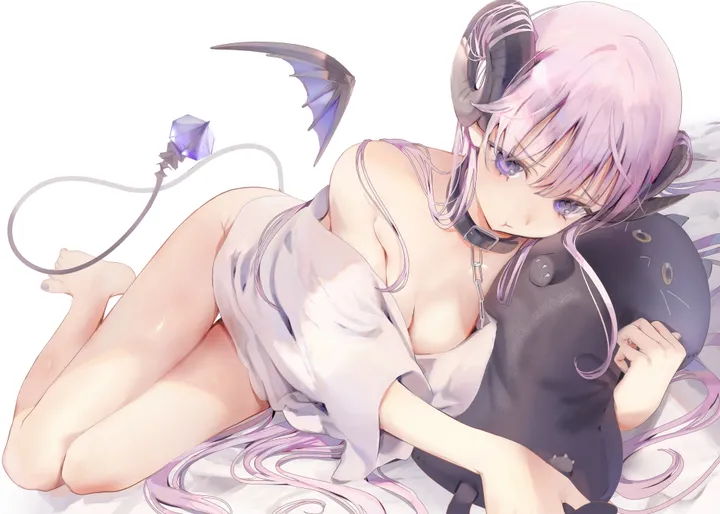 1girl,medium_breasts,breasts,cleavage,on_side,bangs,solo,closed_mouth,thighs,thigh_gap,tail,bed_sheet,hair_between_eyes,very_long_hair,demon_girl,demon_tail,demon_wings,demon_horns,nail_polish,simple_background,horizontal,stuffed_animal,stuffed_toy,pout,white_background,white_shirt,looking_at_viewer,short_sleeves,pink_hair,purple_hair,purple_eyes,wings,shirt,naked_shirt,barefoot,bottomless,horns,lying,chain,long_hair,bare_shoulders,off_shoulder,collar,black_wings