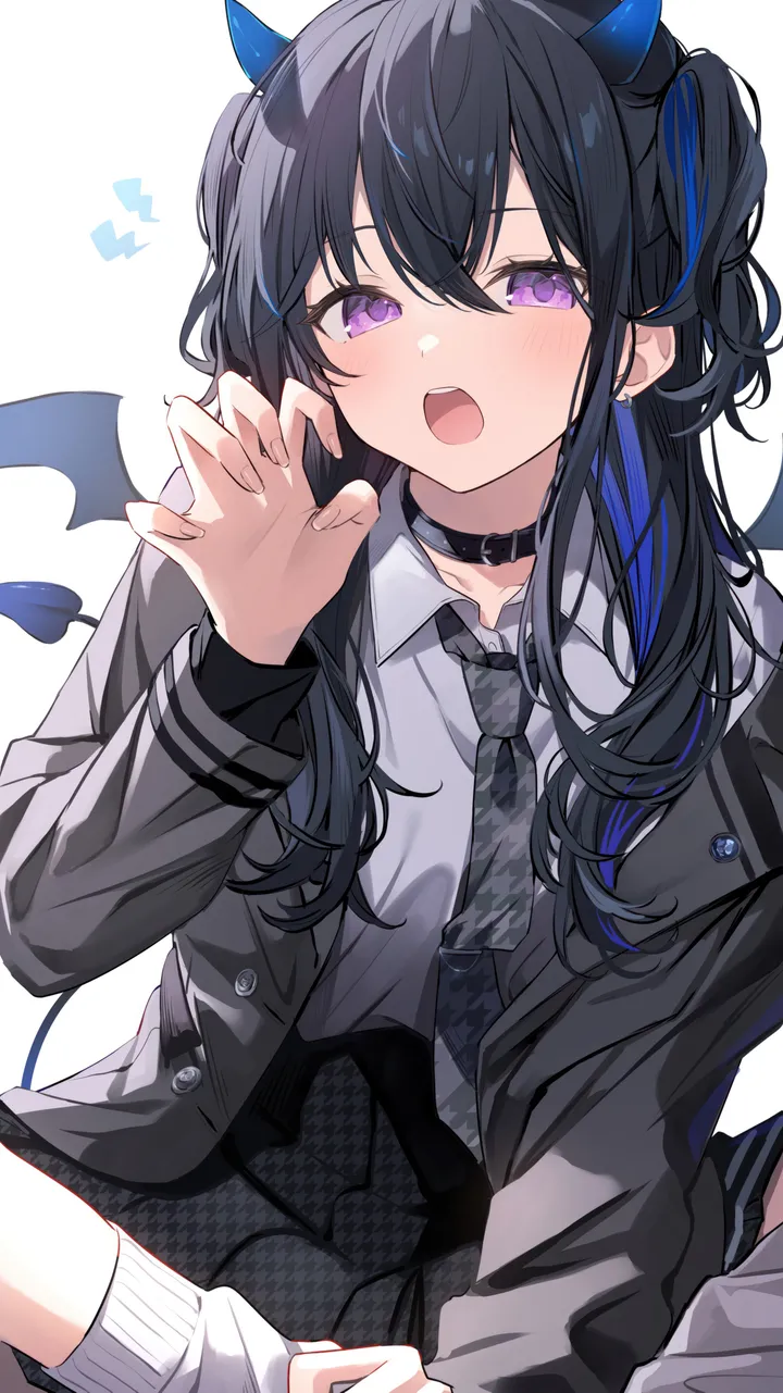 1girl,virtual_youtuber,bangs,solo,claw_pose,multicolored_hair,jacket,two_side_up,tail,hair_between_eyes,open_mouth,demon_girl,demon_tail,demon_wings,demon_horns,hand_up,streaked_hair,collared_shirt,simple_background,school_uniform,loose_socks,grey_jacket,grey_shirt,teeth,white_background,white_shirt,pleated_skirt,looking_at_viewer,skirt,vertical,purple_eyes,wings,blush,blue_hair,shirt,socks,horns,open_jacket,open_clothes,long_hair,long_sleeves,choker,necktie,black_hair,black_jacket,black_skirt,black_choker