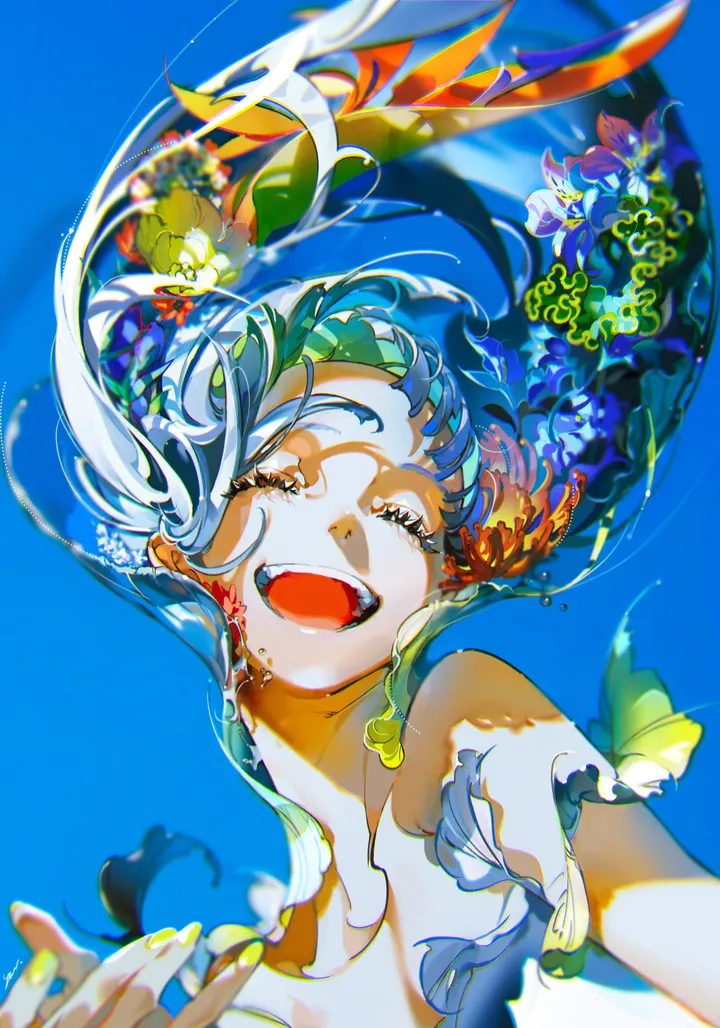 1girl,upper_body,solo,closed_eyes,happy,open_mouth,blurry,underwater,teeth,eyelashes,vertical,smile,blue_hair,blue_background,long_hair,facing_viewer,floating_hair,fish,flower