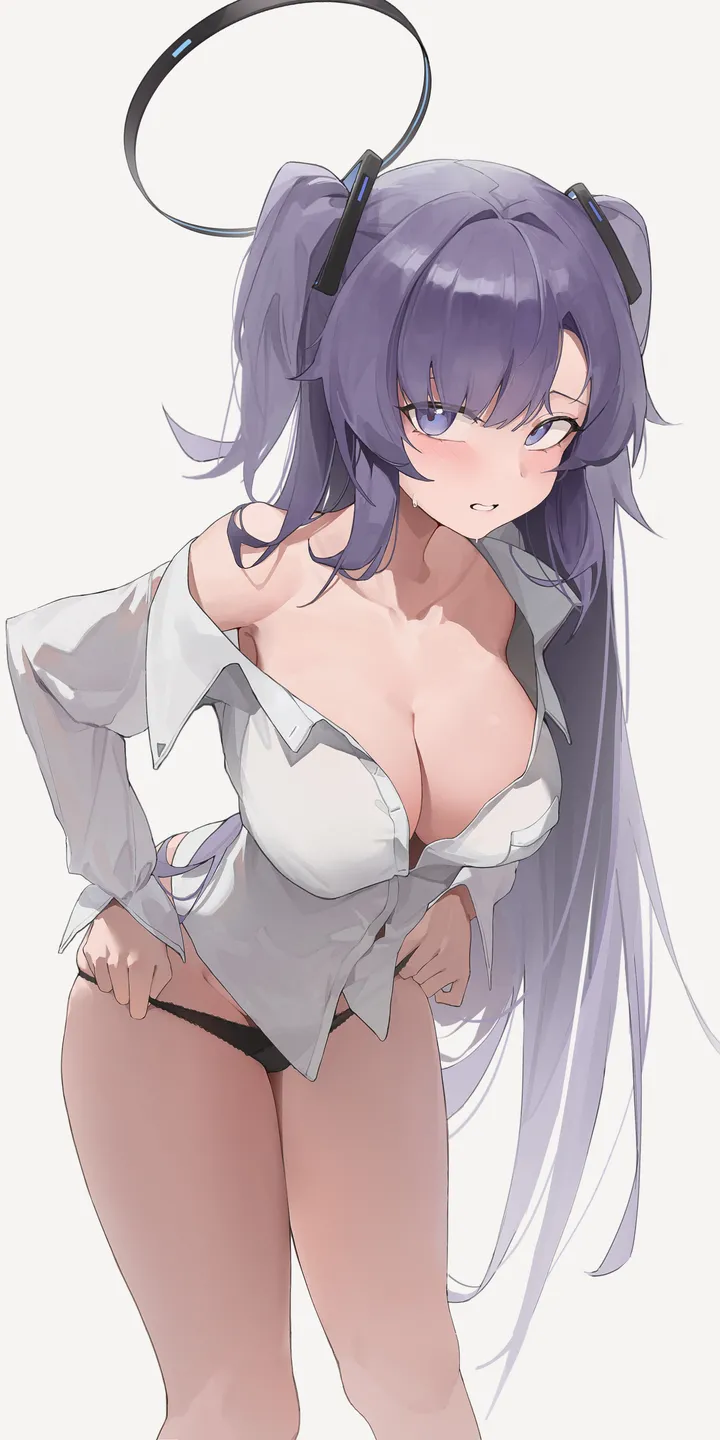 1girl,breasts,cleavage,parted_bangs,underwear,panties,bangs,solo,thighs,halo,two_side_up,very_long_hair,parted_lips,collared_shirt,simple_background,no_pants,white_background,white_shirt,looking_at_viewer,vertical,standing,purple_hair,purple_eyes,blush,blue_eyes,shirt,partially_unbuttoned,leaning_forward,large_breasts,collarbone,long_hair,long_sleeves,off_shoulder,black_panties