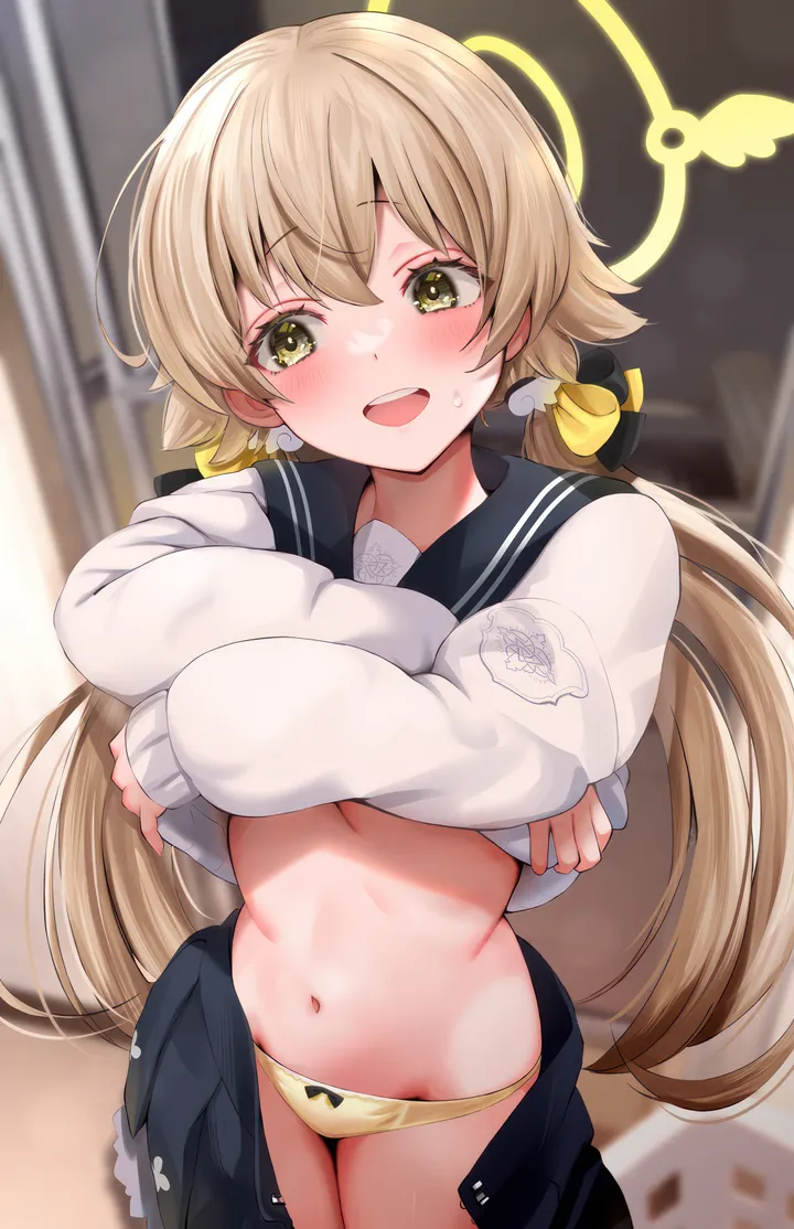 1girl,skirt_pull,breasts,upper_teeth_only,low_twintails,underwear,panties,bangs,solo,twintails,halo,indoors,stomach,bow_panties,hair_between_eyes,open_mouth,very_long_hair,lifted_by_self,clothes_lift,school_uniform,blurry,blurry_background,serafuku,sailor_collar,sweatdrop,light_brown_hair,teeth,white_shirt,pleated_skirt,looking_at_viewer,skirt,vertical,smile,navel,undressing,blush,bow,shirt_lift,small_breasts,blonde_hair,long_hair,long_sleeves,yellow_panties,yellow_eyes,black_sailor_collar,black_skirt