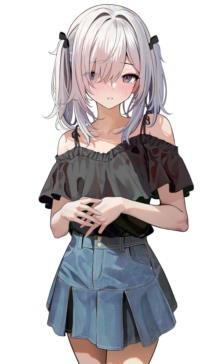 1girl,cowboy_shot,medium_hair,bangs,solo,own_hands_together,twintails,hair_over_one_eye,parted_lips,simple_background,grey_hair,denim,white_hair,white_background,looking_at_viewer,short_sleeves,skirt,vertical,standing,purple_eyes,blush,frills,frilled_shirt,blue_skirt,bow,hair_bow,shirt,shirt_tucked_in,eyes_visible_through_hair,collarbone,bare_shoulders,off_shoulder,off-shoulder_shirt,black_bow,black_shirt